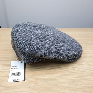 BUGATTI Baker Cap Mens Large Herringbone Light Grey Wool Blend Newsboy Flat Cap